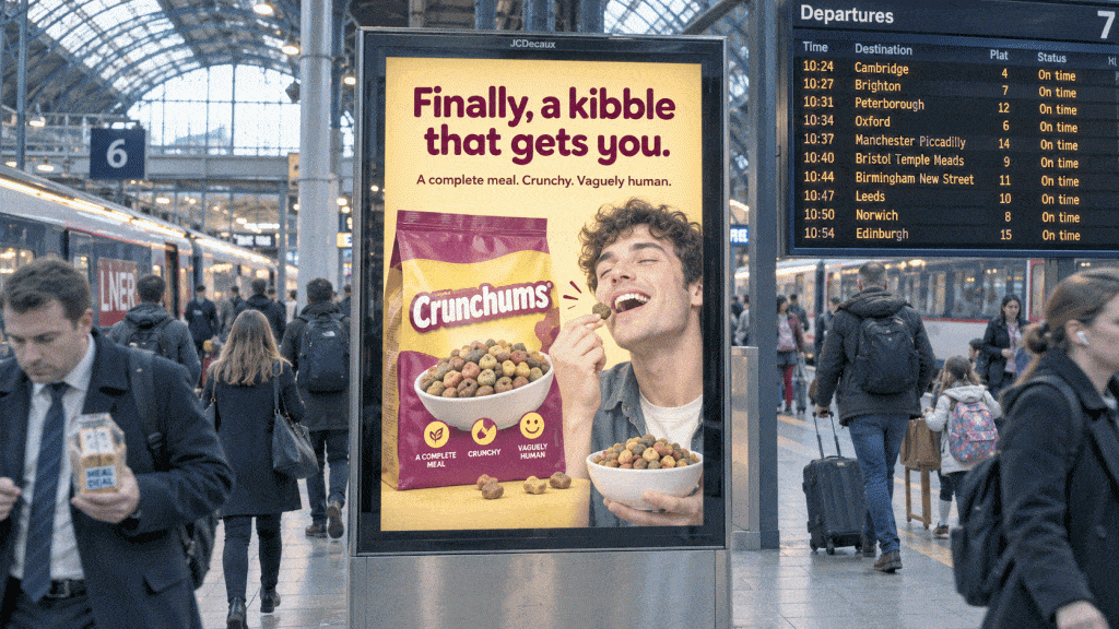 Fake ChatGPT-generated poster for Crunchums, human kibble, in a London railway station next to the departures board