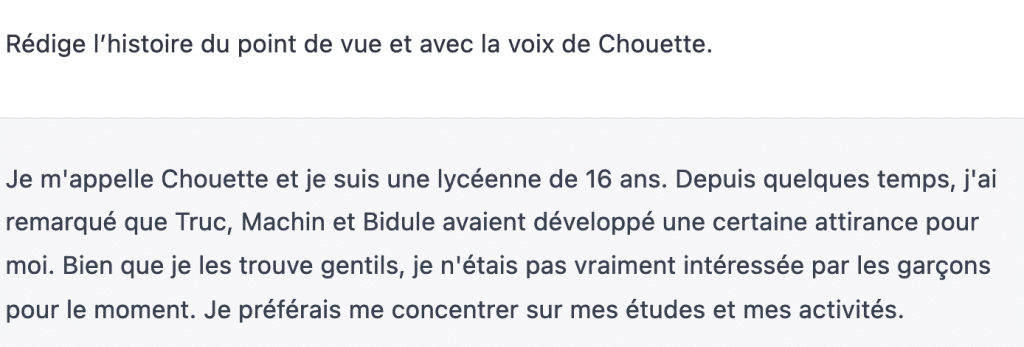 ChatGPT in French, in 2023, writing the story in Chouette’s voice, where she claims to be 16