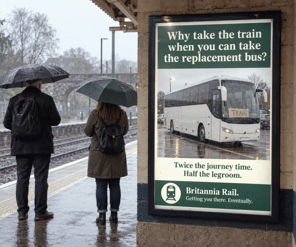 Fake ChatGPT-generated railway poster on a rainy platform: a white coach with a TRAIN sign in the windscreen, and the slogan Why take the train when you can take the replacement bus?