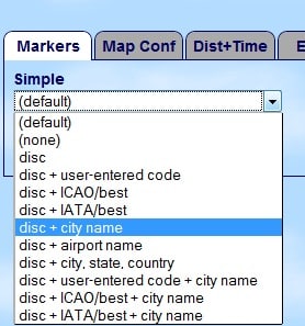 Great Circle Mapper Markers tab: choosing “disc + city name”