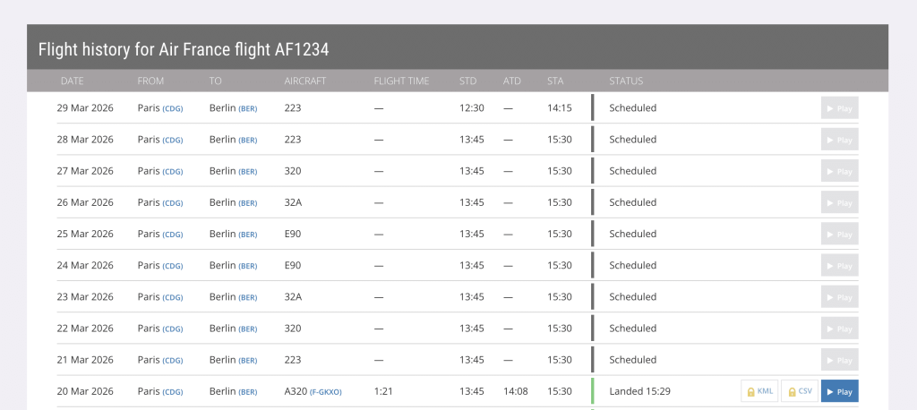 List of recent flights with the same flight number on Flightradar24