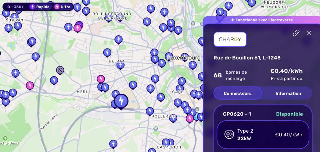 Price of a charging session on the Chargy chargers at the Bouillon park-and-ride, paid with Octopus Electroverse