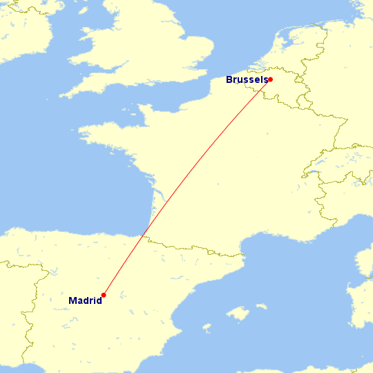 Brussels to Madrid flight drawn on Great Circle Mapper
