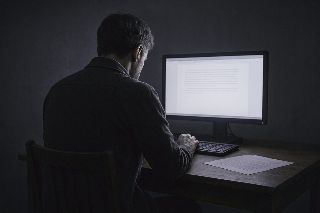 Blogger seen from behind in a dark room, stuck on the conclusion of his article