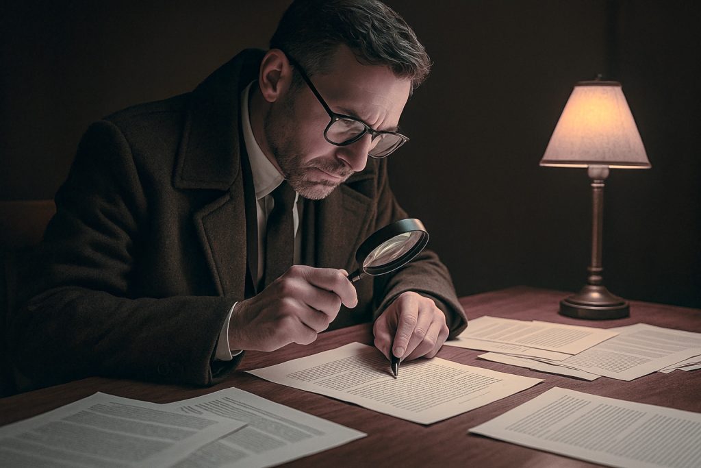 Fact-checking an article: a man examining his pages with a magnifying glass under a desk lamp, like a detective