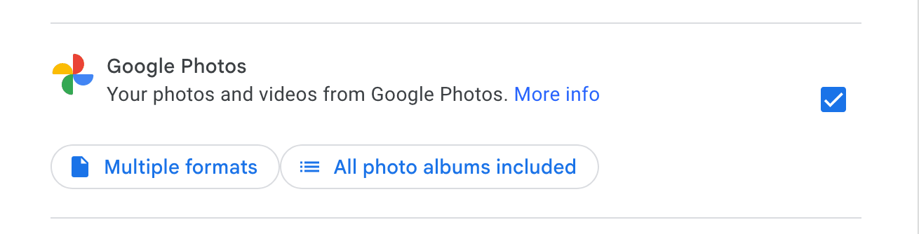 Google Takeout: Google Photos ticked, with the "Multiple formats" and "All photo albums included" options