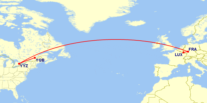 Luxembourg to Quebec City via Frankfurt and Toronto on a map made with Great Circle Mapper