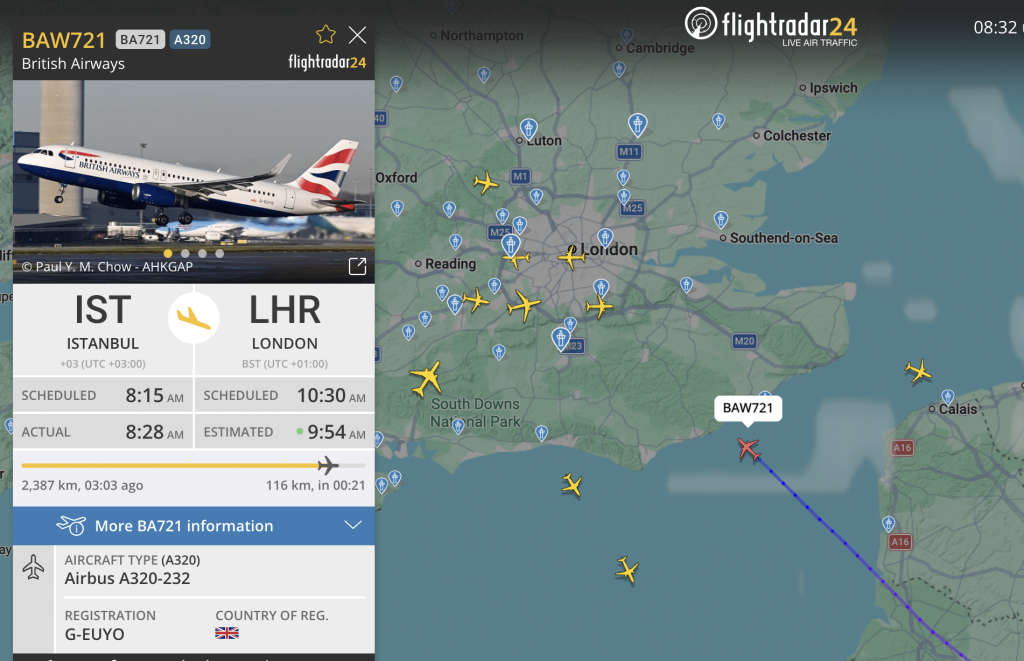 Real-time flight tracking on Flightradar24 showing the details of a British Airways flight