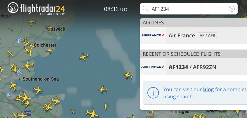 Searching for a flight number in the Flightradar24 search bar